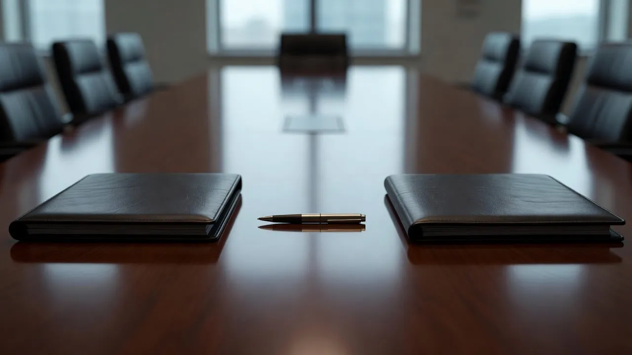 Two closed leather portfolios and a single pen set symmetrically on a polished conference table, with daylight from windows at the far end.
