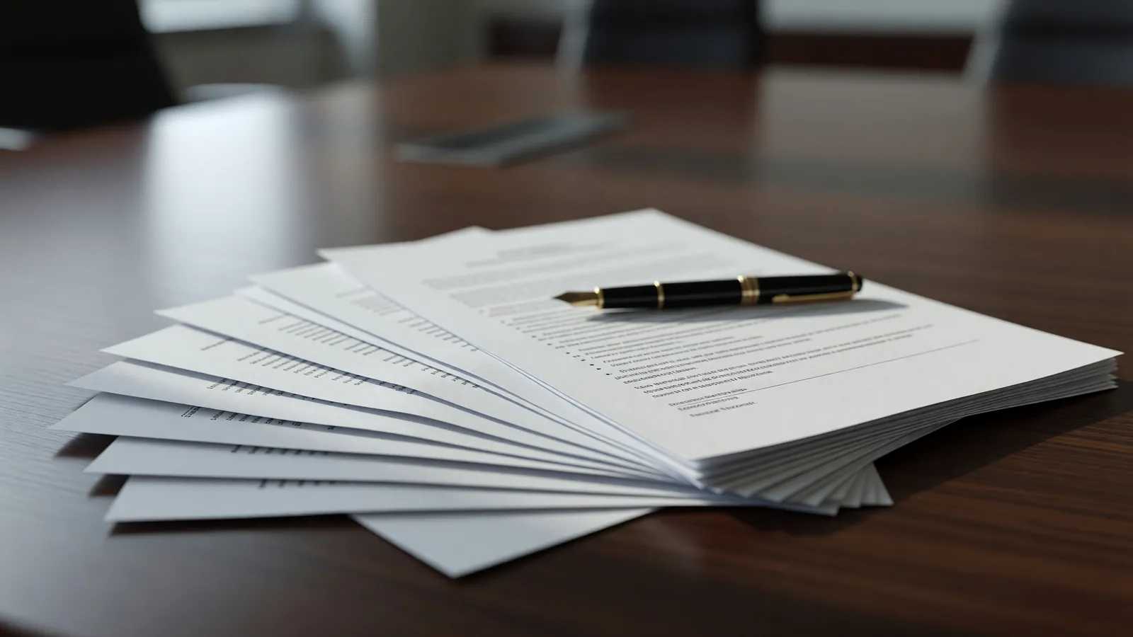 Printed employment agreement fanned open on a walnut table with a fountain pen resting on it, representing non-compete counsel for Colorado business owners from Hristopoulos Law.