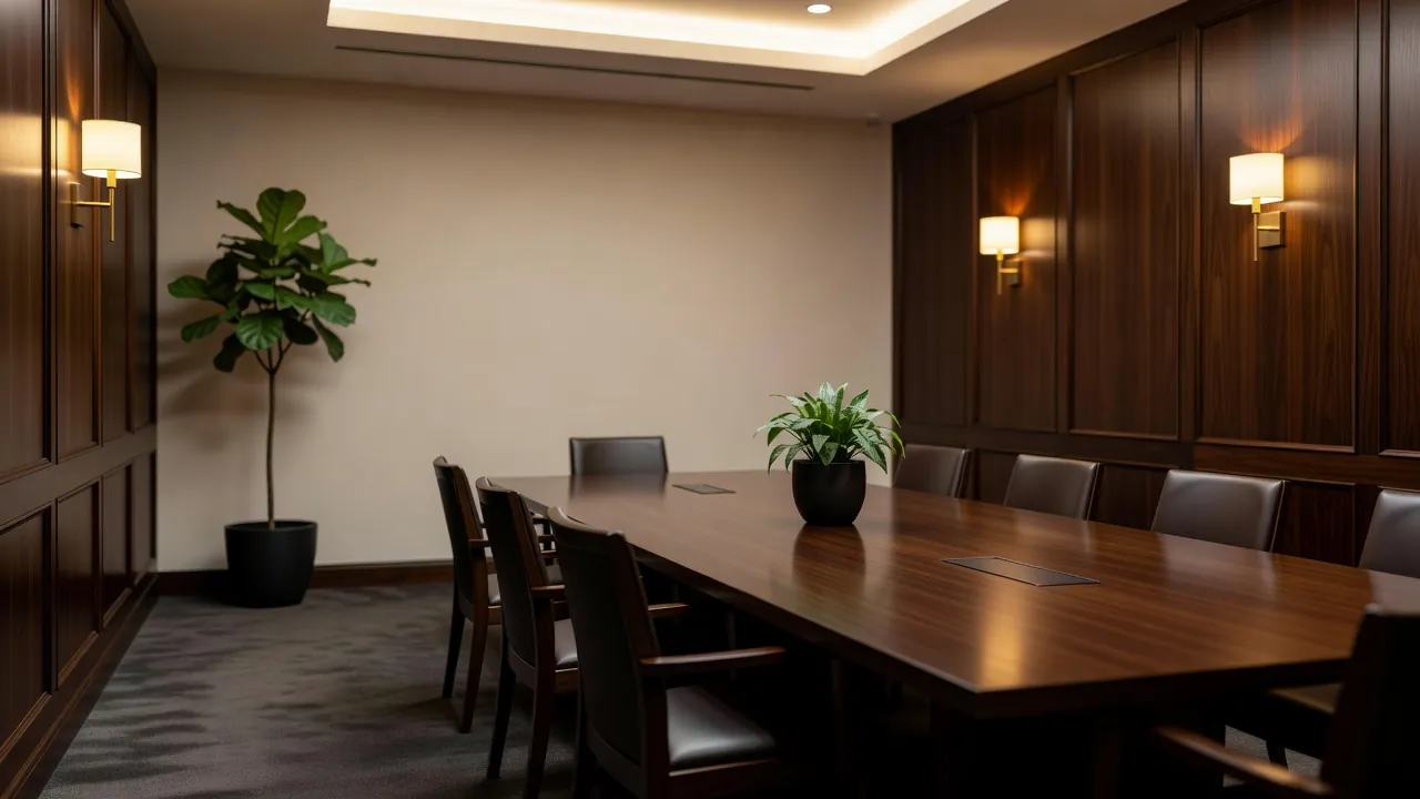 An empty conference room with a long polished wood table, dark leather chairs, wood wall panelling, warm sconce lighting, and two potted plants.