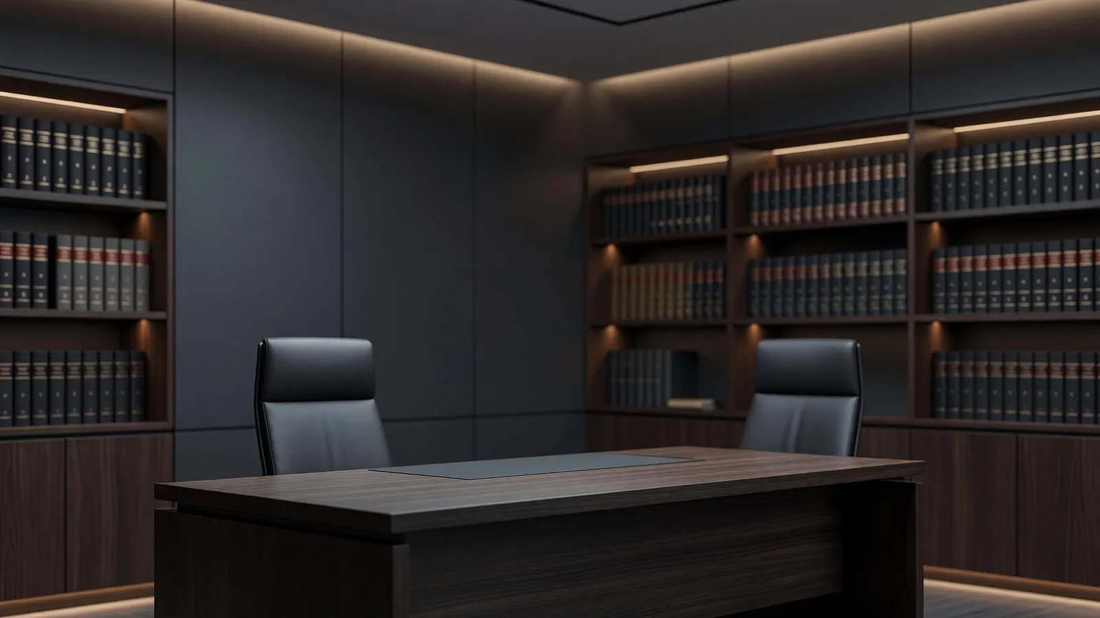 A quiet law office with a dark walnut desk, two black leather chairs, and lit bookshelves of legal volumes along the walls.