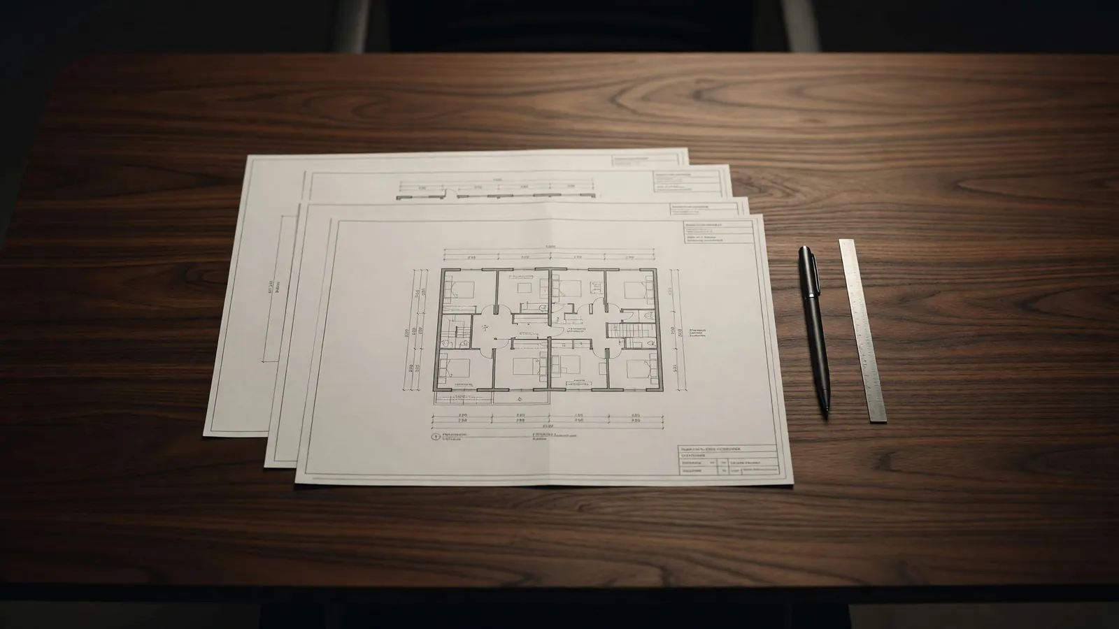 Architectural floor plans spread across a dark walnut table beside a pen and a metal ruler, the drawings a tenant build-out starts from.