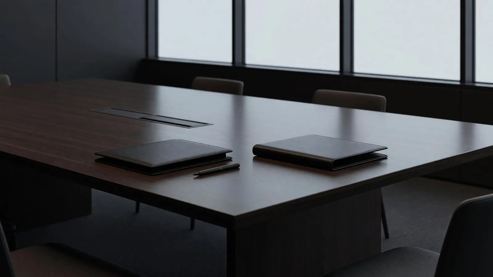 Two closed leather portfolios and a pen on a dark walnut conference table, representing commercial lease negotiation counsel for Colorado business owners from Hristopoulos Law.