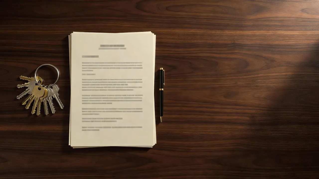 Overhead view of a commercial purchase contract on a dark walnut table, with a ring of building keys and a black pen