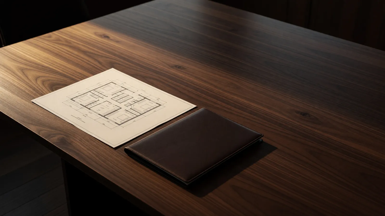 An architectural floor plan and a closed leather portfolio side by side on a walnut conference table in warm late light