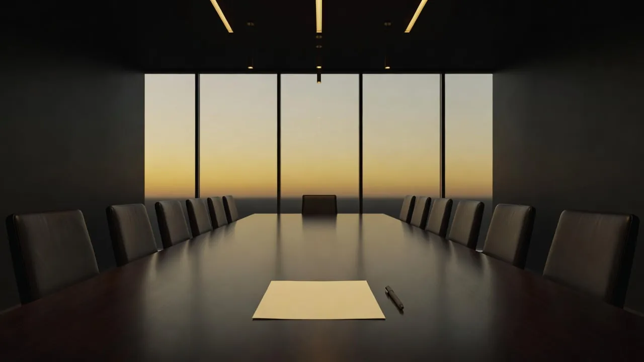 A single blank sheet and a pen at the end of a long, empty boardroom table facing floor to ceiling windows at dusk.