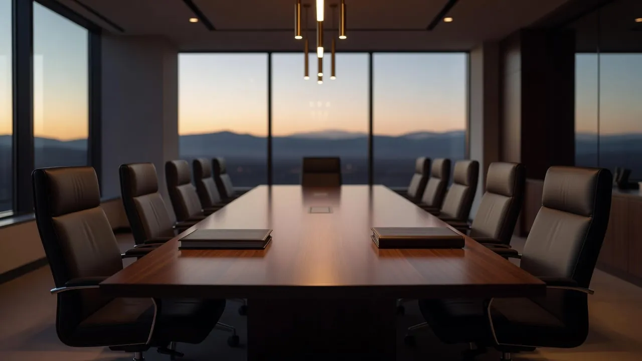 Two closed folders facing each other on a walnut conference table set for a meeting, mountains visible through the windows at dusk.