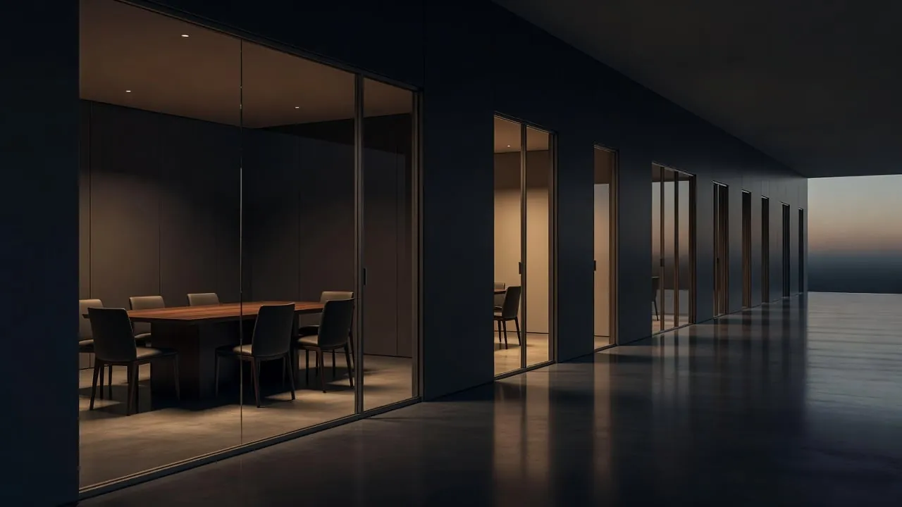 A quiet office corridor at dusk with glass walled conference rooms, one lit room holding an empty table and chairs.