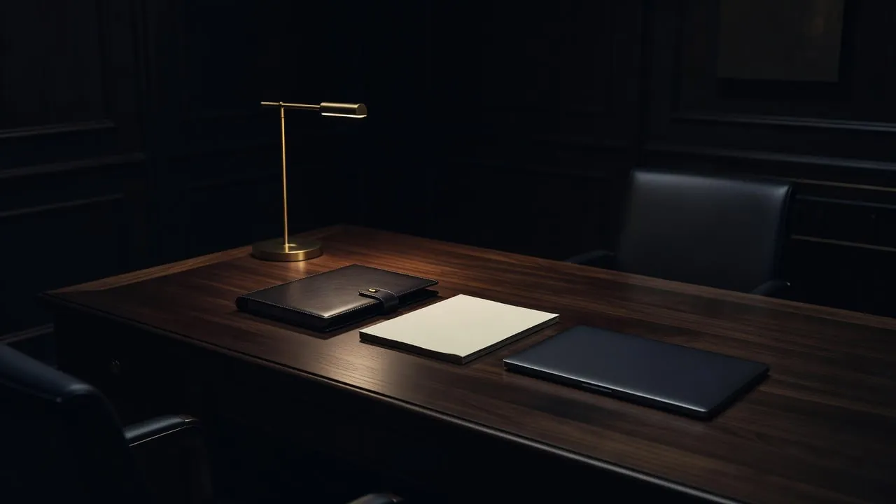 A leather portfolio, blank notepad, and closed laptop under a brass desk lamp in a dark wood paneled office, the records that support a contractor relationship.