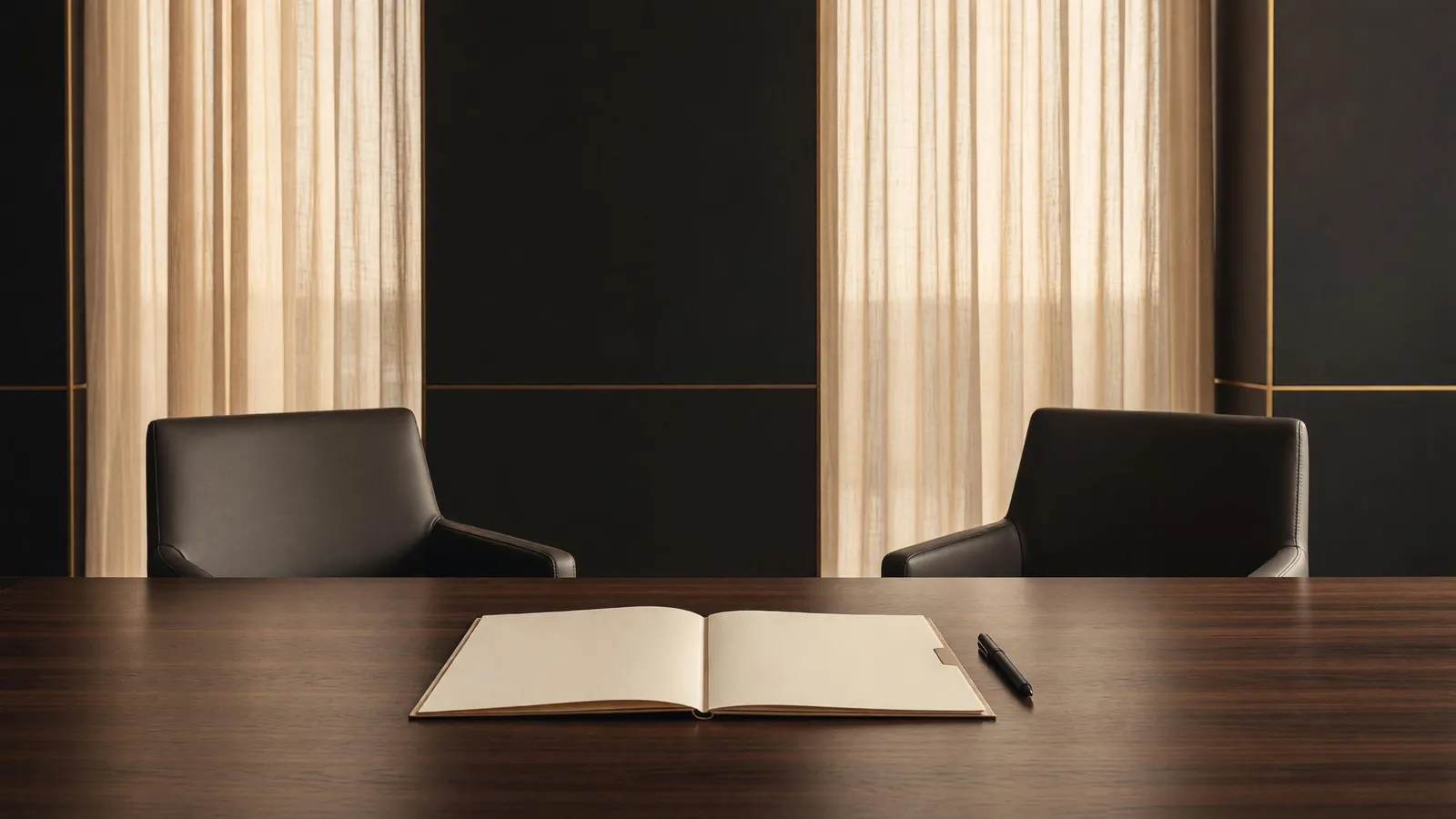 Open notebook and pen on a walnut conference table between two chairs, representing independent contractor agreement counsel for Colorado business owners from Hristopoulos Law.