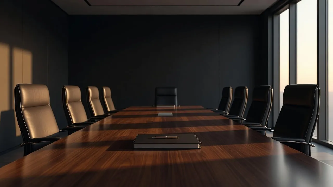 A closed binder and pen on a long walnut conference table lined with leather chairs, late sunlight falling across the room.