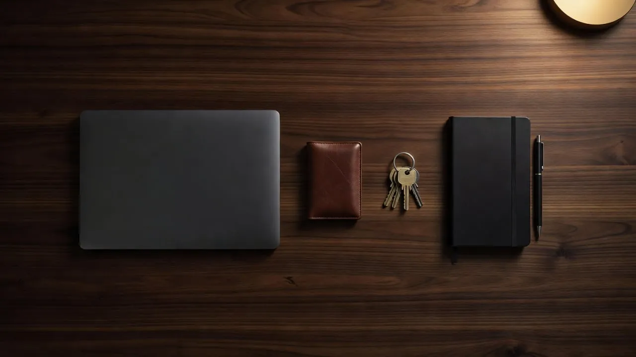 A closed laptop, leather card wallet, keys, notebook, and pen laid out on a walnut desk, the tools an independent contractor brings to the work.